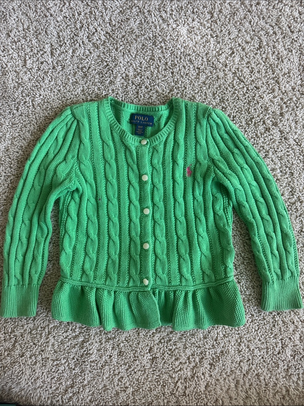 Polo by Ralph Lauren Bright Green Cable-Knit Peplum Cardigan